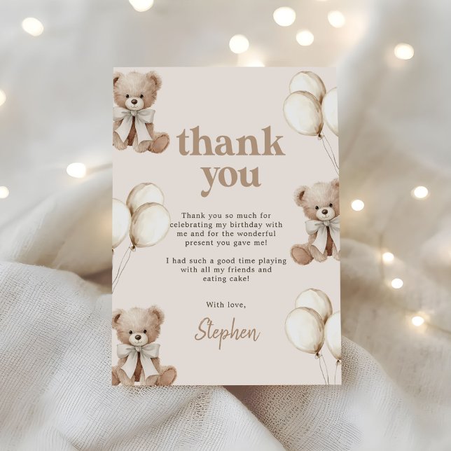 Boho Teddy Bear Beary First 1st Birthday Party Thank You Card (Creator Uploaded)