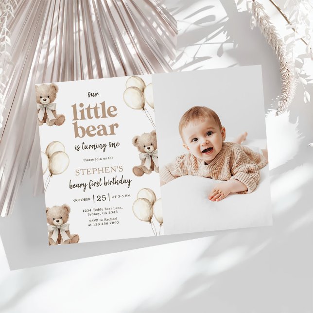 Boho Teddy Bear Beary First 1st Birthday Photo Invitation (Creator Uploaded)