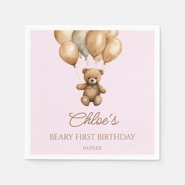 Boho Teddy Bear Beary First Birthday Party Napkins (Front)