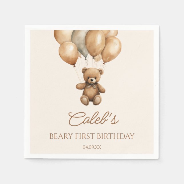Boho Teddy Bear Beary First Birthday Party Napkins (Front)