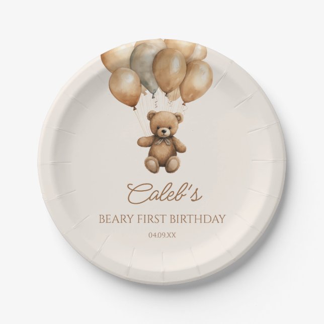 Boho Teddy Bear Beary First Birthday Party Paper Plates (Front)