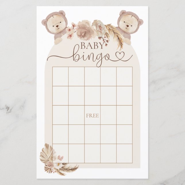 Boho Teddy Bear Bingo Baby Shower Game (Front)