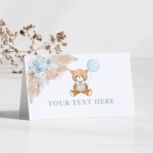 Boho Teddy Bear Blue Balloon Food Tents Place Card (Creator Uploaded)