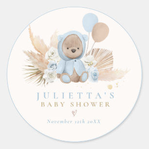 Boho Teddy Bear Blue Bearly Wait Baby Shower Classic Round Sticker