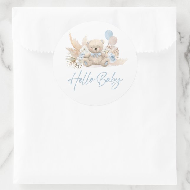 Boho Teddy Bear Blue Bearly Wait Baby Shower Favor Classic Round Sticker (Bag)