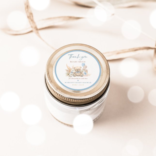 Boho Teddy Bear Blue Bearly Wait Baby Shower Favor Classic Round Sticker (Creator Uploaded)
