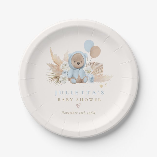 Boho Teddy Bear Blue Bearly Wait Baby Shower Paper Plates (Front)