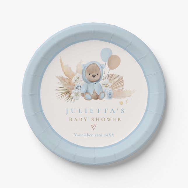 Boho Teddy Bear Blue Bearly Wait Baby Shower Paper Plates (Front)