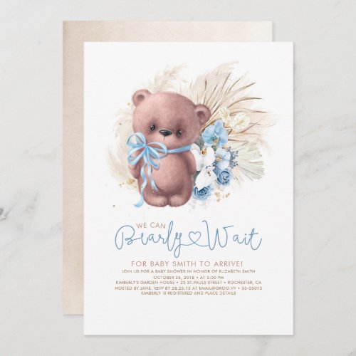 Boho Teddy Bear Blue Bearly Wait Boy Baby Shower Invitation