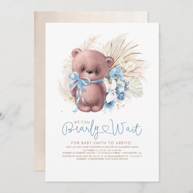 Boho Teddy Bear Blue Bearly Wait Boy Baby Shower Invitation (Front/Back)