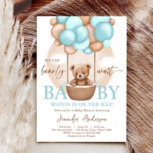 Boho Teddy Bear Blue Boy Bearly Wait Baby Shower  Invitation