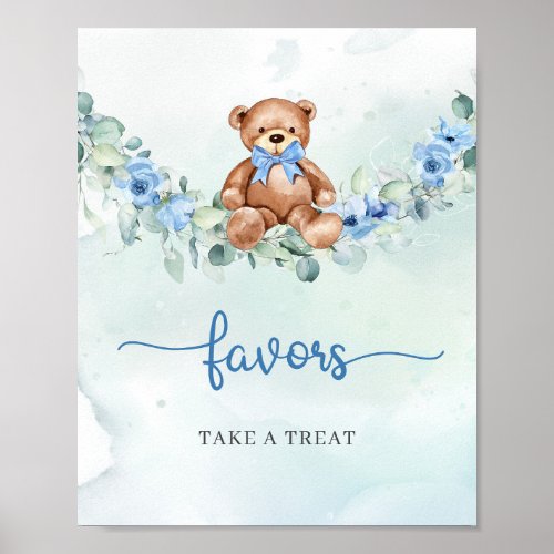 Boho Teddy bear blue floral eucalyptus favors Poster