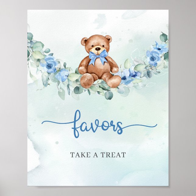 Boho Teddy bear blue floral eucalyptus favors Poster (Front)