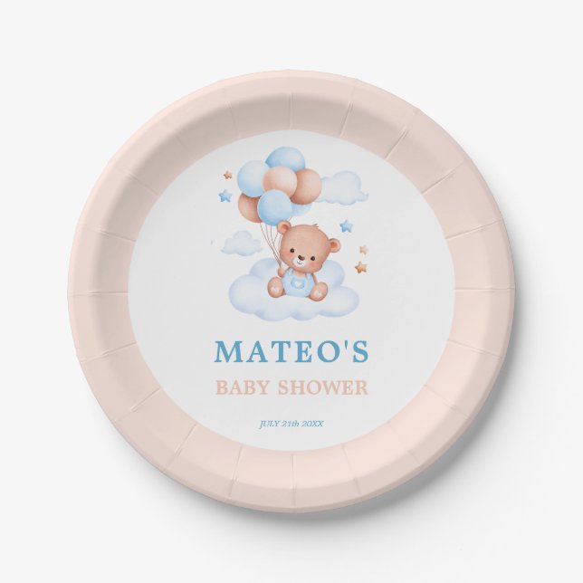 Boho Teddy Bear Blue Tan Bearly Wait Baby Shower Paper Plates (Front)