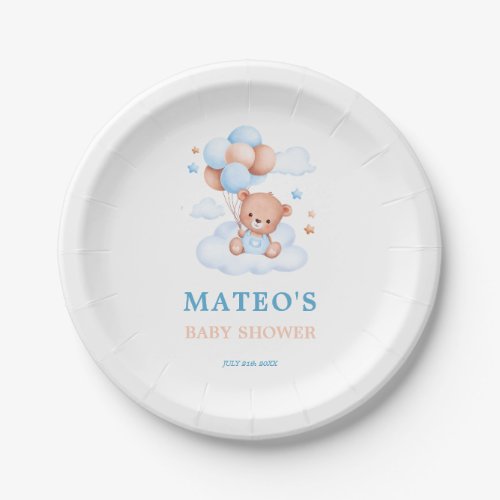 Boho Teddy Bear Blue Tan Bearly Wait Baby Shower Paper Plates