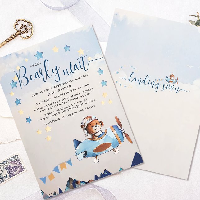 Boho Teddy Bear Boy  Bearly Wait Baby shower Invitation (Creator Uploaded)