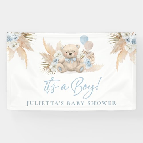Boho Teddy Bear Boy Blue Baby Shower Welcome Banner