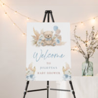 Boho Teddy Bear Boy Blue Baby Shower Welcome Foam Board