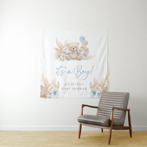 Boho Teddy Bear Boy Blue Baby Shower Welcome Sign Tapestry