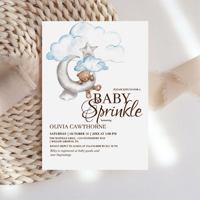 Boho Teddy Bear Boy Blue Baby Sprinkle Baby Shower Invitation (Creator Uploaded)