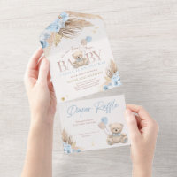 Boho Teddy Bear Boy Blue Bearly Wait Baby Shower All In One Invitation