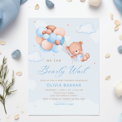 Boho Teddy Bear Boy Blue Bearly Wait Baby Shower I Invitation
