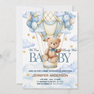Boho Teddy Bear Boy Blue Bearly Wait Baby Shower Invitation