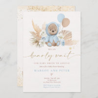 Boho Teddy Bear Boy Blue Bearly Wait Baby Shower Invitation