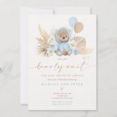 Boho Teddy Bear Boy Blue Bearly Wait Baby Shower Invitation (Front)