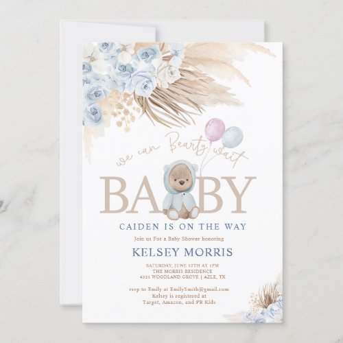 Boho Teddy Bear Boy Blue Bearly Wait Baby Shower Invitation