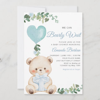 Boho Teddy Bear Boy Blue Bearly Wait Baby Shower Invitation