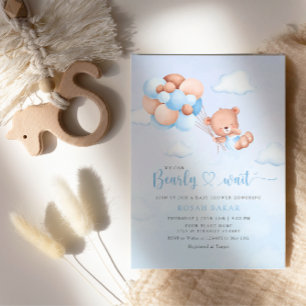 Boho Teddy Bear Boy Blue Bearly Wait Baby Shower Invitation