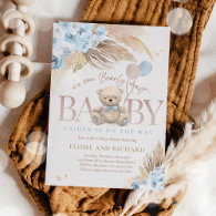 Boho Teddy Bear Boy Blue Bearly Wait Baby Shower Invitation