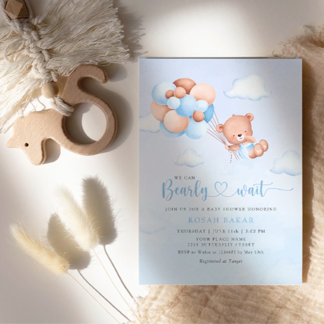Boho Teddy Bear Boy Blue Bearly Wait Baby Shower Invitation (Creator Uploaded)