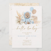 Boho Teddy Bear Boy Blue Bearly Wait Baby Shower Invitation