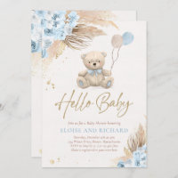 Boho Teddy Bear Boy Blue Bearly Wait Baby Shower Invitation