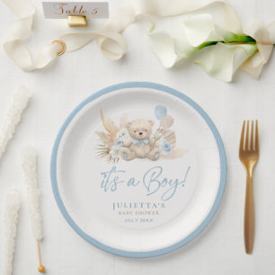 Boho Teddy Bear Boy Blue Bearly Wait Baby Shower Paper Plates