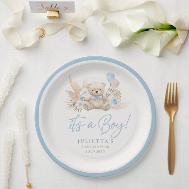 Boho Teddy Bear Boy Blue Bearly Wait Baby Shower Paper Plates (Wedding)