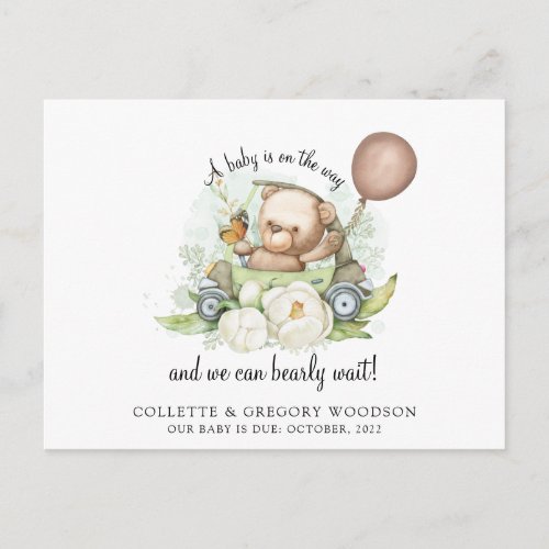 Boho Teddy Bear Brown Green Bearly Wait Pregnancy Announcement Postcard