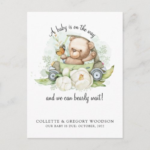 Boho Teddy Bear Brown Sage Green Bearly Wait  Announcement Postcard