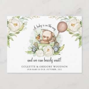 Boho Teddy Bear Brown Sage Green Bearly Wait Announcement Postcard