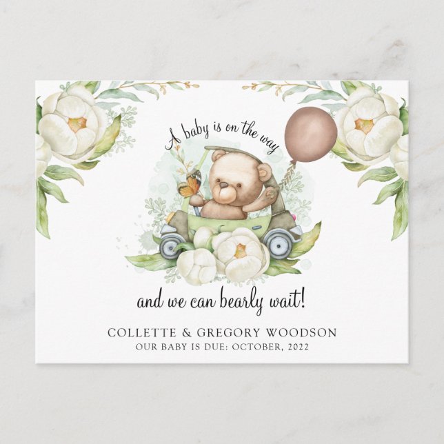 Boho Teddy Bear Brown Sage Green Bearly Wait  Announcement Postcard (Front)