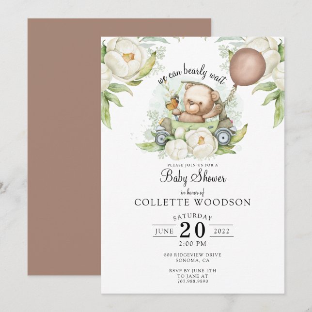 Boho Teddy Bear Brown Sage Green Bearly Wait Invit Invitation (Front/Back)