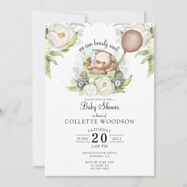 Boho Teddy Bear Brown Sage Green Bearly Wait Invitation (Front)