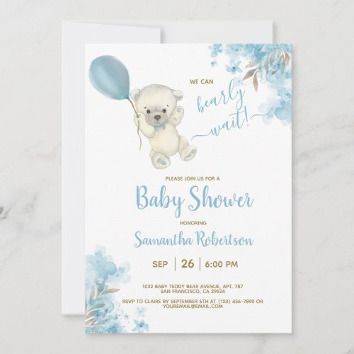 Boho Teddy Bear Dusty Blue Balloon Boy Baby Shower Invitation