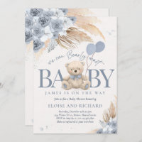 Boho Teddy Bear Dusty Blue Bearly Wait Baby Shower Invitation