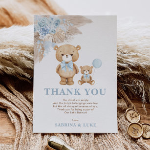 Teddy Bear Baby shower THANK YOU card blue printable, boy baby shower,  party thank you, digital files jpg pdf, instant download - tb001