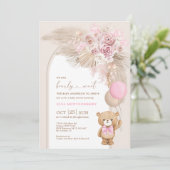 Boho Teddy Bear Dusty Pink Floral Baby Girl Shower Invitation (Standing Front)