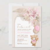 Boho Teddy Bear Dusty Pink Floral Baby Girl Shower Invitation (Front)