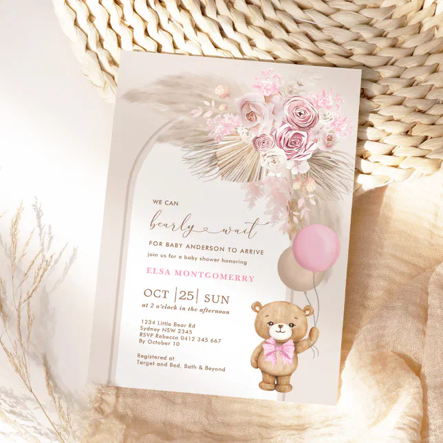 Boho Teddy Bear Dusty Pink Floral Baby Girl Shower Invitation | Zazzle